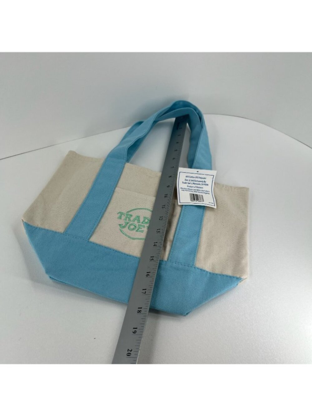 Trader Joes Mini Pastel Canvas Tote Bag Women Grocery Shopper Handbag Blue Beige - Picture 6 of 12